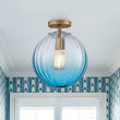 Load image into Gallery viewer, Art Deco 1-Light Blue Ribbed Glass Globe Semi Flush Mount