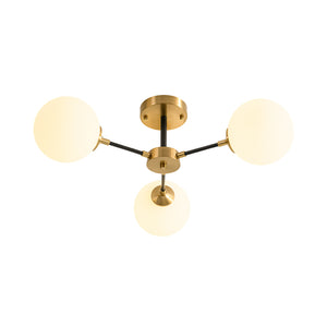 Brass Black 3-Light Frosted Glass Globe Semi Flush Mount