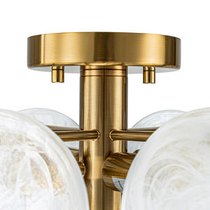 Brass Tiered Opal Swirl Glass Semi Flush Chandelier