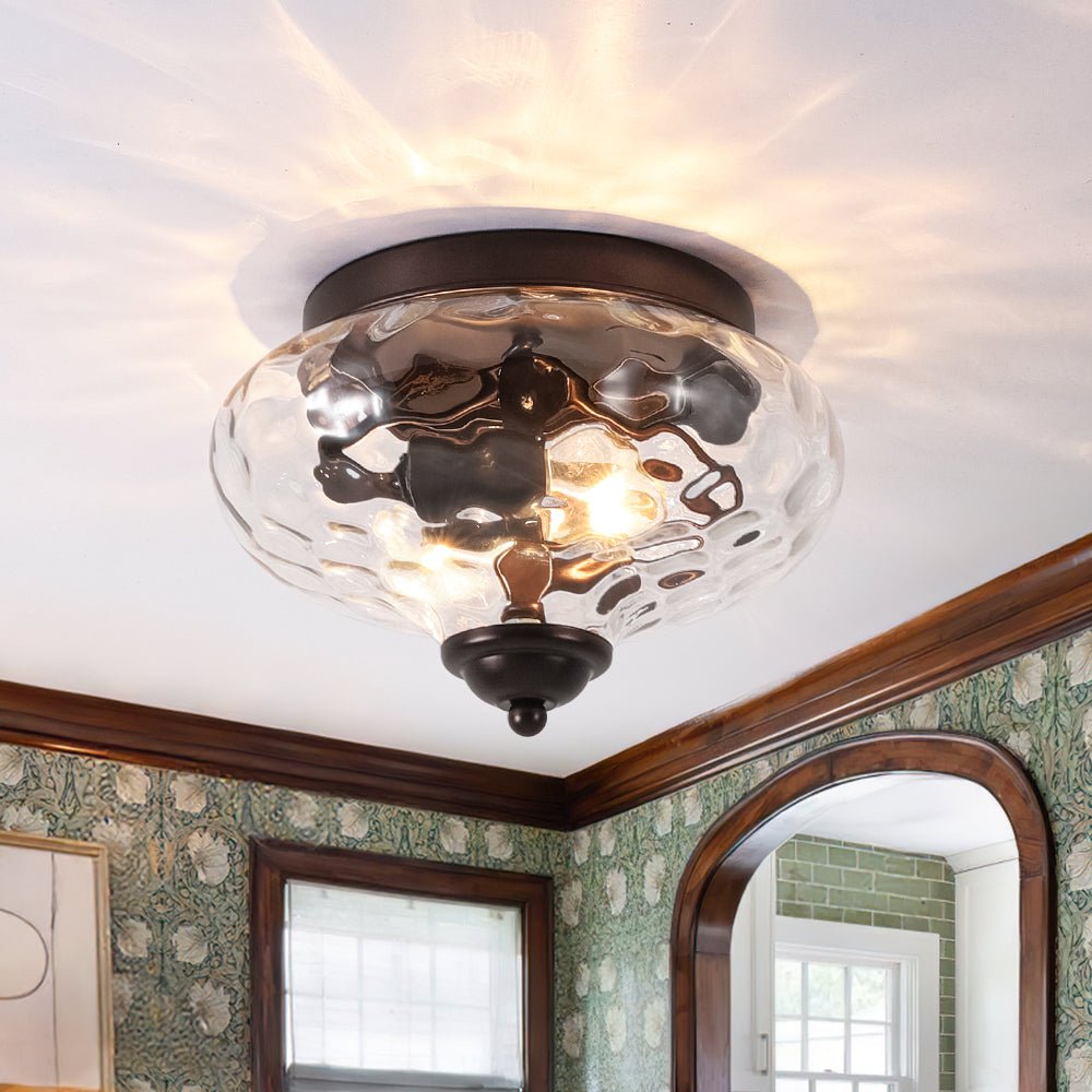 2 light flush mount ceiling light with clear hammered glass