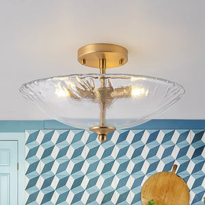 LightFixturesUSA - 3 - Light Brass Textured Glass Bowl Round Semi Flush Mount - Ceiling Light - Clear Glass -