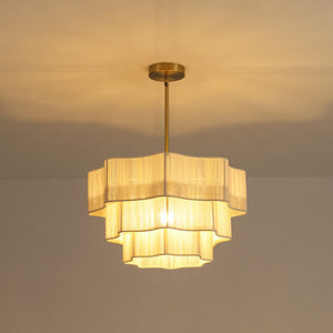 LightFixturesUSA - 3 - Tier Beige Woven Thread Round Cage Pendant Light - Chandelier - Beige -