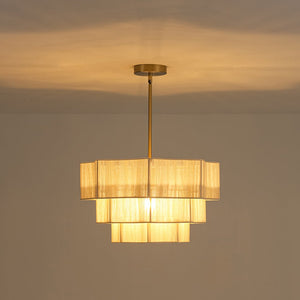 LightFixturesUSA - 3 - Tier Beige Woven Thread Round Cage Pendant Light - Chandelier - Beige -