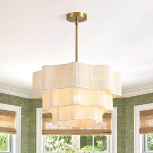 LightFixturesUSA - 3 - Tier Beige Woven Thread Round Cage Pendant Light - Chandelier - Beige -