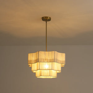 LightFixturesUSA - 3 - Tier Beige Woven Thread Round Cage Pendant Light - Chandelier - Beige -