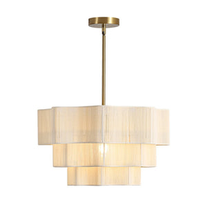 LightFixturesUSA - 3 - Tier Beige Woven Thread Round Cage Pendant Light - Chandelier - Beige -