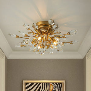 LightFixturesUSA-4-Light Bloom Crystal Leaf Semi Flush Mount Light-Ceiling Light-Brass-