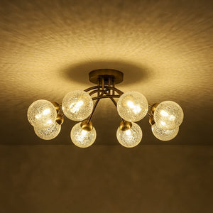 LightFixturesUSA - 8 - Light Textured Crackle Glass Globe Semi Flush Mount - Chandelier - Brass -