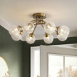 Load image into Gallery viewer, LightFixturesUSA - 8 - Light Textured Crackle Glass Globe Semi Flush Mount - Chandelier - Brass -