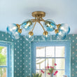Load image into Gallery viewer, LightFixturesUSA - Art Deco 8 - Light Sputnik Blue Glass Bubble Semi Flush Mount - Ceiling Light - Brass -