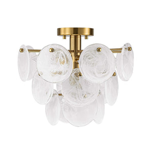 LightFixturesUSA - Brass Tiered Opal Swirl Glass Semi Flush Chandelier - Chandelier - Brass -