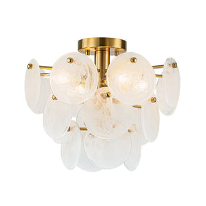 LightFixturesUSA - Brass Tiered Opal Swirl Glass Semi Flush Chandelier - Chandelier - Brass -