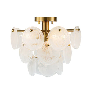 LightFixturesUSA - Brass Tiered Opal Swirl Glass Semi Flush Chandelier - Chandelier - Brass -