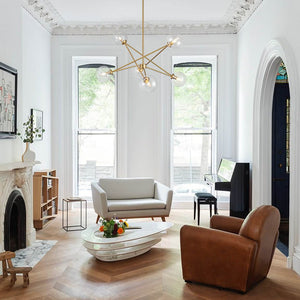 LightFixturesUSA - Celestial Glass Globe Staggered Linear Sputnik Chandelier - Chandelier - Brass -