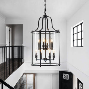 LightFixturesUSA - Farmhouse Wide Clear Glass Cylinder Cage Pendant - Chandelier - Black -