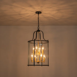 LightFixturesUSA - Farmhouse Wide Clear Glass Cylinder Cage Pendant - Chandelier - Black+Brass -