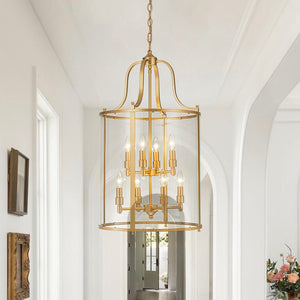 LightFixturesUSA - Farmhouse Wide Clear Glass Cylinder Cage Pendant - Chandelier - Brass -