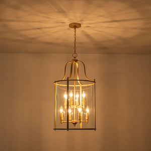 LightFixturesUSA - Farmhouse Wide Clear Glass Cylinder Cage Pendant - Chandelier - Brass -