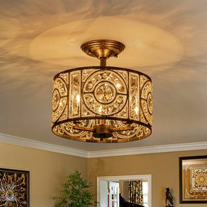 LightFixturesUSA-Luxe Moroccan Antique Crystal Drum Semi Flush Mount-Ceiling Light-Black-