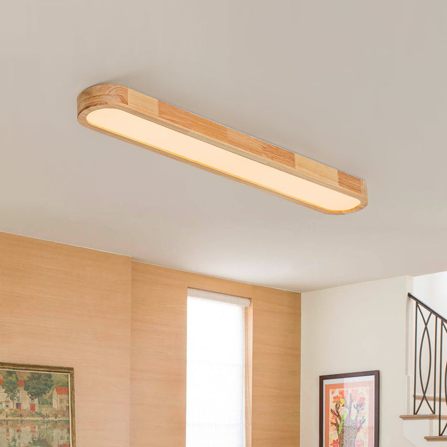 LightFixturesUSA-Natural Wood Long Oval Dimmable Flush Mount Light-Ceiling Light-Dimmer Switch Compatible (3000K)-