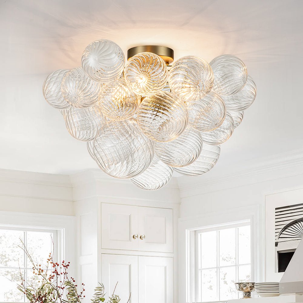3-Light Brass Ribbed Glass Globe Bubble Semi Flush | LightFixturesUSA