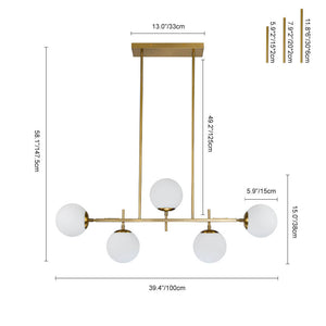 LightFixturesUSA-5-Light Glass Globe Island Linear Chandelier-Chandelier-Brass+Black-
