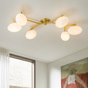 LightFixturesUSA-6-Light Branch Frosted Glass Egg Semi Flush Chandelier-Ceiling Light-6-Lt-Antique Gold