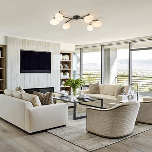 LightFixturesUSA-6-Light Branch Frosted Glass Egg Semi Flush Chandelier-Ceiling Light-6-Lt-Antique Gold