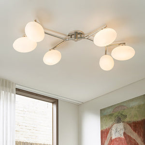 LightFixturesUSA-6-Light Branch Frosted Glass Egg Semi Flush Chandelier-Ceiling Light-6-Lt-Polishe Nickel