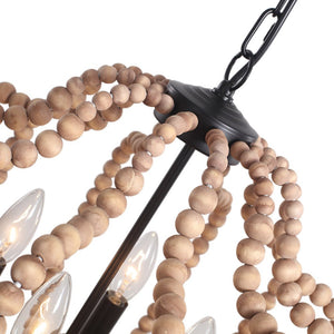 LightFixturesUSA-Boho 4-Light Wood Beaded Lantern Pendant-Chandelier-Brown Wood + Matte Black Metal-