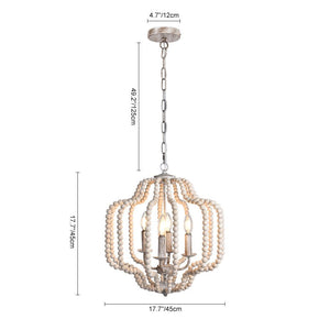 LightFixturesUSA-Boho 4-Light Wood Beaded Lantern Pendant-Chandelier-Brown Wood + Matte Black Metal-