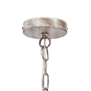 LightFixturesUSA-Boho 4-Light Wood Beaded Lantern Pendant-Chandelier-White Wood + Rough Grey Metal-