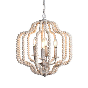 LightFixturesUSA-Boho 4-Light Wood Beaded Lantern Pendant-Chandelier-White Wood + Rough Grey Metal-