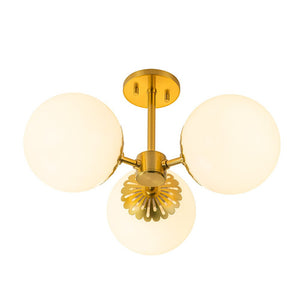 LightFixturesUSA-Brass Daisy 3-Light Opal Glass Globe Semi Flush Light-Ceiling Light-Brass-