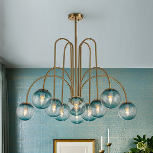 LightFixturesUSA-Glam 10-Light Blue Glass Globe Bubble Chandelier-Chandelier-Brass-