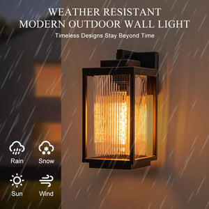 LightFixturesUSA-IP23 1-Light Black Ribbed Glass Outdoor Wall Lantern-Wall Sconce-1 Light-Matte Black