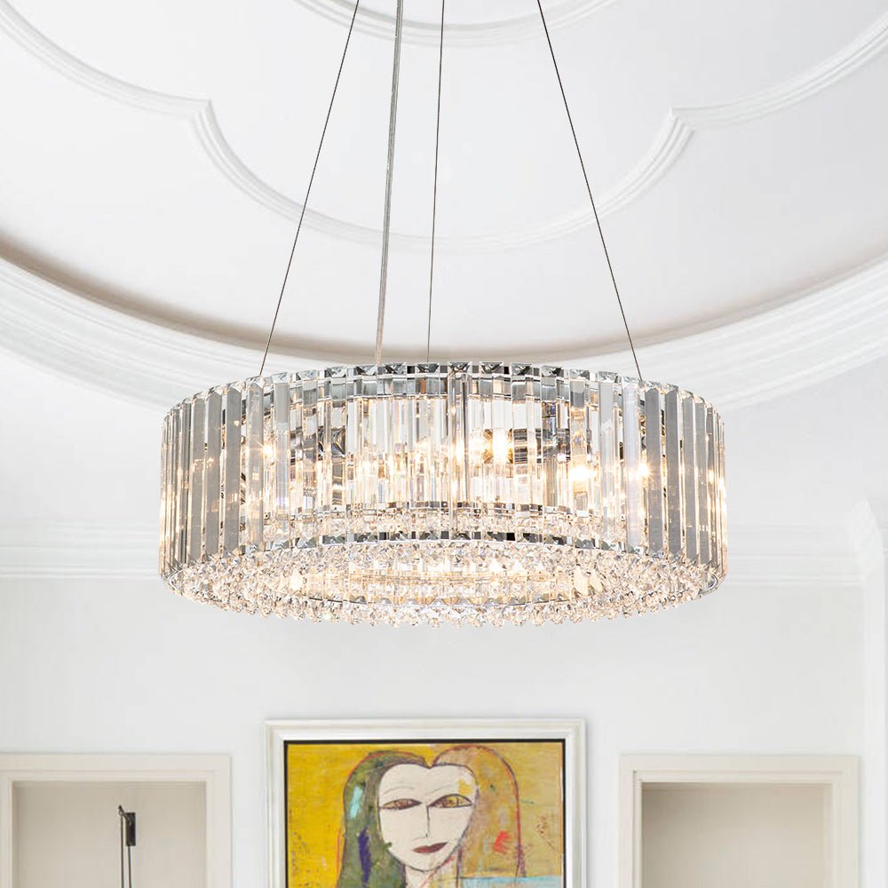 Modern Chrome Round Drum Crystal Chandelier LightFixturesUSA