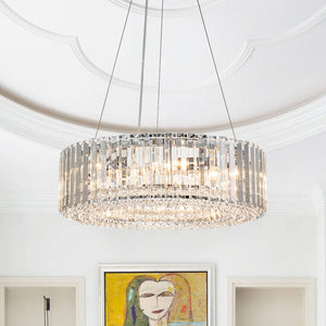 LightFixturesUSA-Modern Chrome Round Drum Crystal Chandelier-Chandelier--