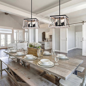 LightFixturesUSA-Modern Rustic Rectangular Lantern Chandelier-Pendant Light-Beige Grey-