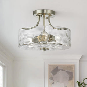 LightFixturesUSA-Nickel Hammered Glass Semi Flush-Ceiling Light--