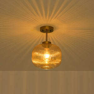 1-Light Amber Ribbed Glass Round Semi Flush Mount
