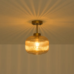 1-Light Amber Ribbed Glass Round Semi Flush Mount