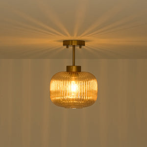 1-Light Amber Ribbed Glass Round Semi Flush Mount