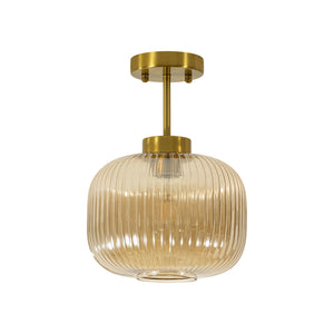 1-Light Amber Ribbed Glass Round Semi Flush Mount