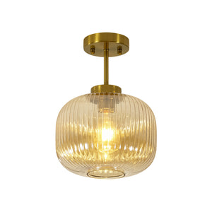 1-Light Amber Ribbed Glass Round Semi Flush Mount