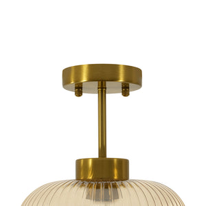 1-Light Amber Ribbed Glass Round Semi Flush Mount
