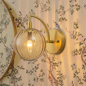 1-Light Goose Arm Amber Ribbed Glass Globe Wall Sconce