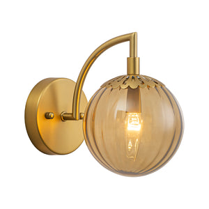 1-Light Goose Arm Amber Ribbed Glass Globe Wall Sconce