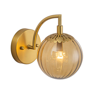 1-Light Goose Arm Amber Ribbed Glass Globe Wall Sconce