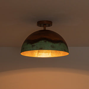 1-Light Industrial Copper Patina Metal Dome Semi Flush Mount